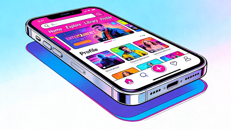 Ilustrasi perangkat mobile dengan aplikasi hiburan online di layar